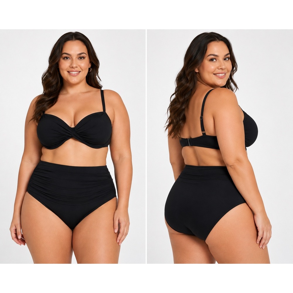 Catherine Malandrino Black Twist Front Bikini Top & High Waist Shirred Bottom